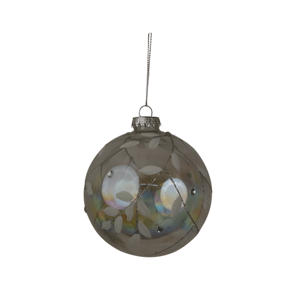 Clear glass Christmas bauble with silver glitter lattice, iridescent disc detail and gem accents on a silver cord