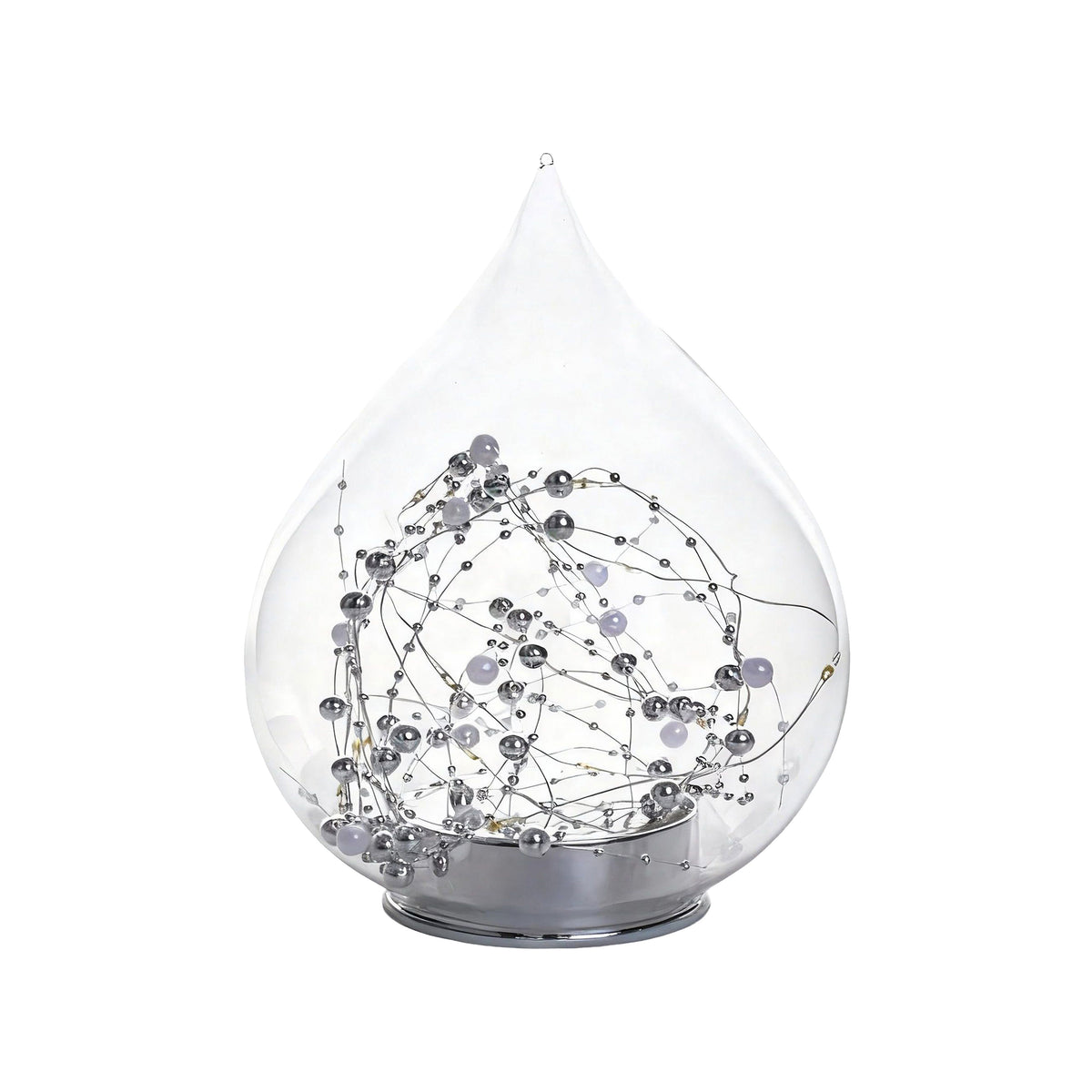 Small clear glass teardrop decoration with pearl and silver bead wire swirl on chrome base