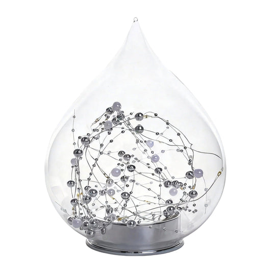 Clear glass teardrop decoration with pearl and silver bead wire swirl on chrome base