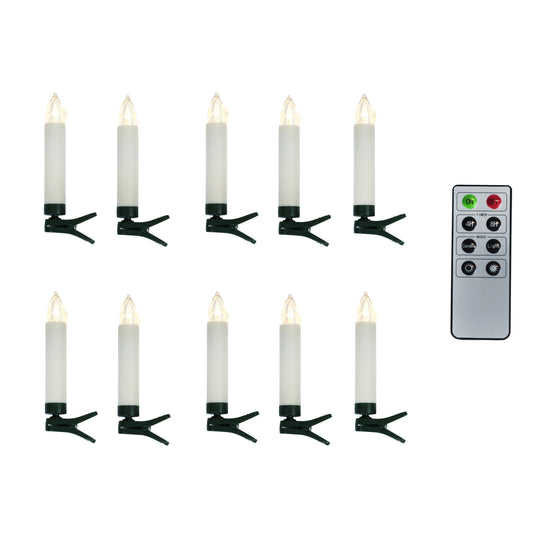 Set of 10 clip-on LED tree candles with green branch clips and remote control with timer and mode settings