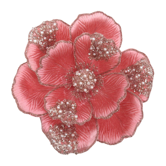 Coral pink beaded magnolia clip-on flower decoration with rose gold glitter petal edges and pearl and sequin bead detail