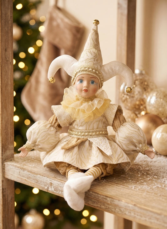 Cream and gold jester figurine with curled bell-tipped hat and tulle collar