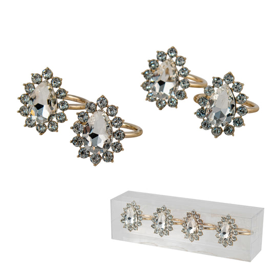 Set of four crystal teardrop napkin rings with round crystal halo and gold band, shown in clear gift box