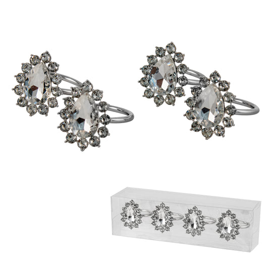 Set of four crystal teardrop napkin rings with round crystal halo and silver band, shown in clear gift box