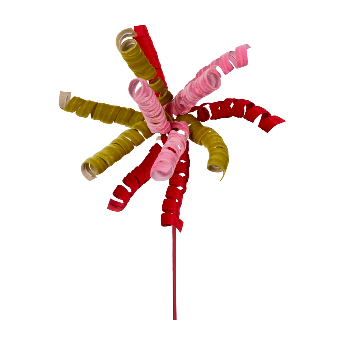 Curly red, green, and pink pick with spiral ribbons on a red stem
