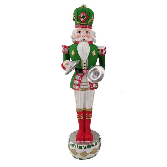 Green and red tartan nutcracker soldier playing cymbals on a drum base hanging Christmas ornament
