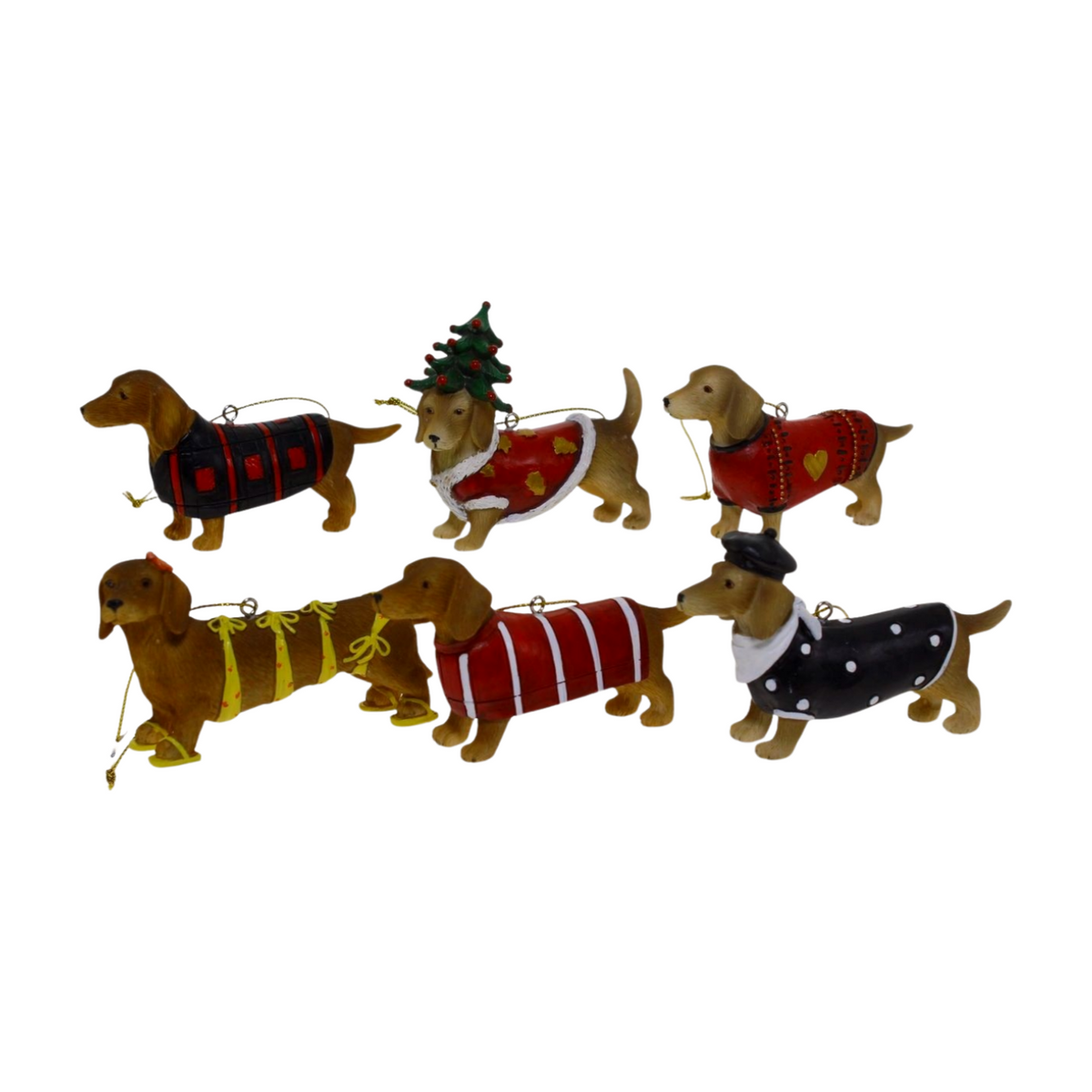Dachshund Christmas decorations wearing assorted festive outfits, including a Christmas tree costume, tuxedo, and sweaters
