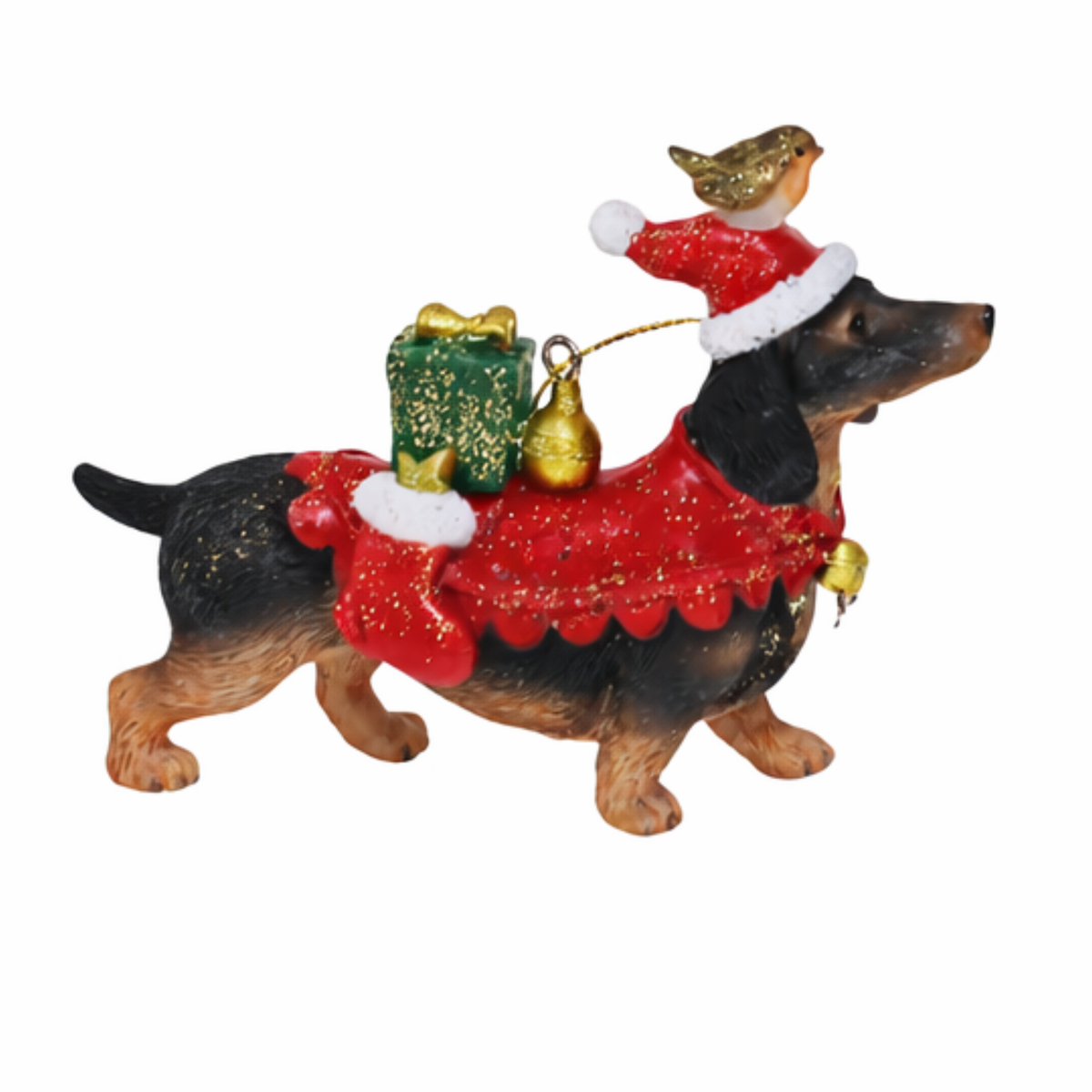 Dachshund Christmas tree decoration in a red glitter coat carrying a gift and bauble with a robin on his Santa hat