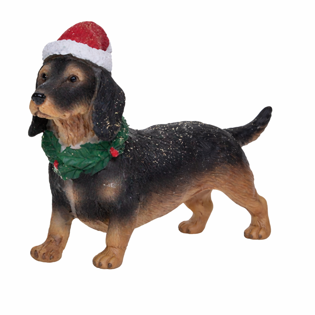 Dachshund Christmas tree decoration wearing a red Santa hat and holly wreath collar with gold glitter detail