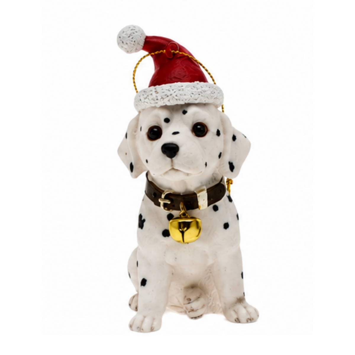 Sitting dalmatian puppy Christmas ornament wearing a red Santa hat with gold bell collar
