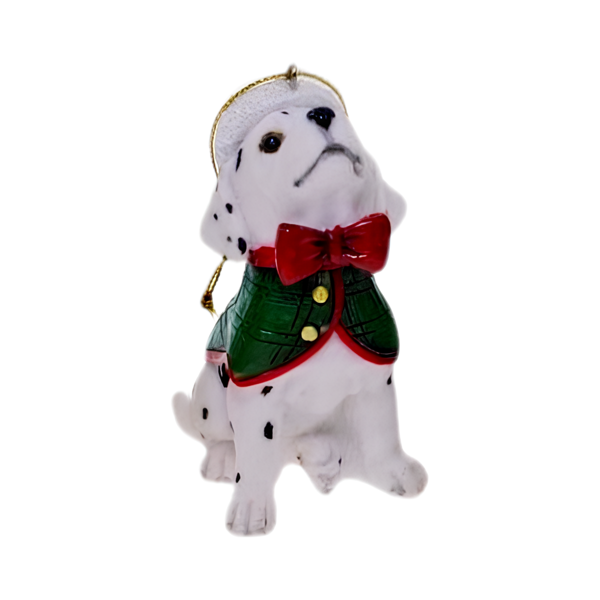 Sitting dalmatian puppy ornament wearing a green waistcoat with red bow tie and white winter hat