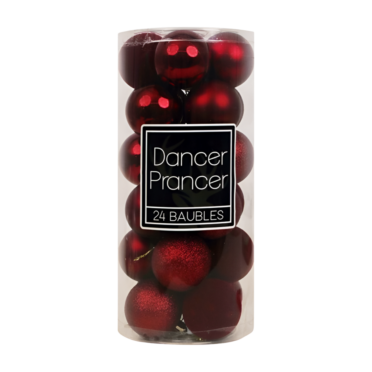 Pack of 24 shatterproof mulberry red baubles in matte, shiny and glitter finishes in a clear tube