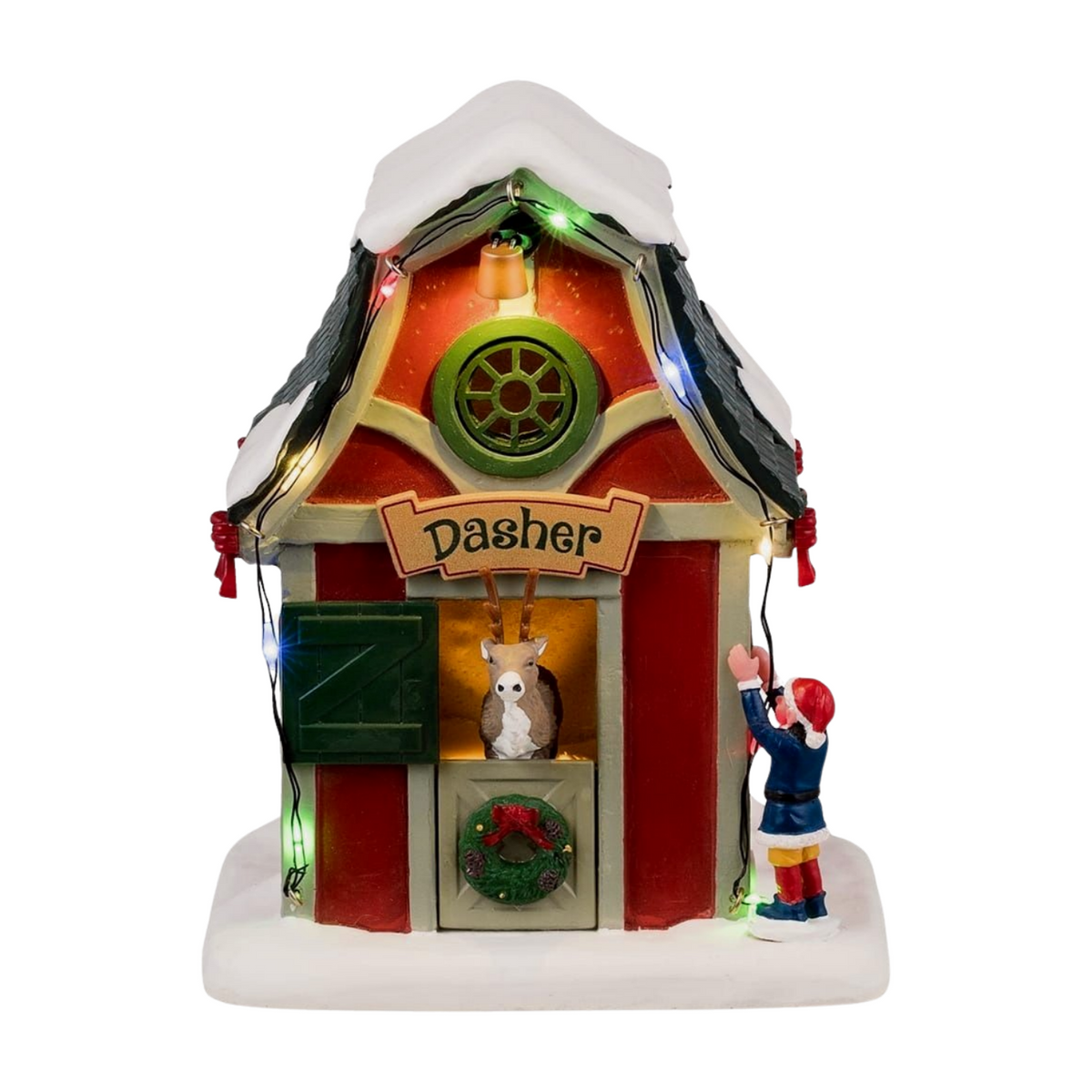 Front view of Lemax Dasher's reindeer stable with Dasher sign, lit interior, reindeer figurine, wreath, and coloured lights 