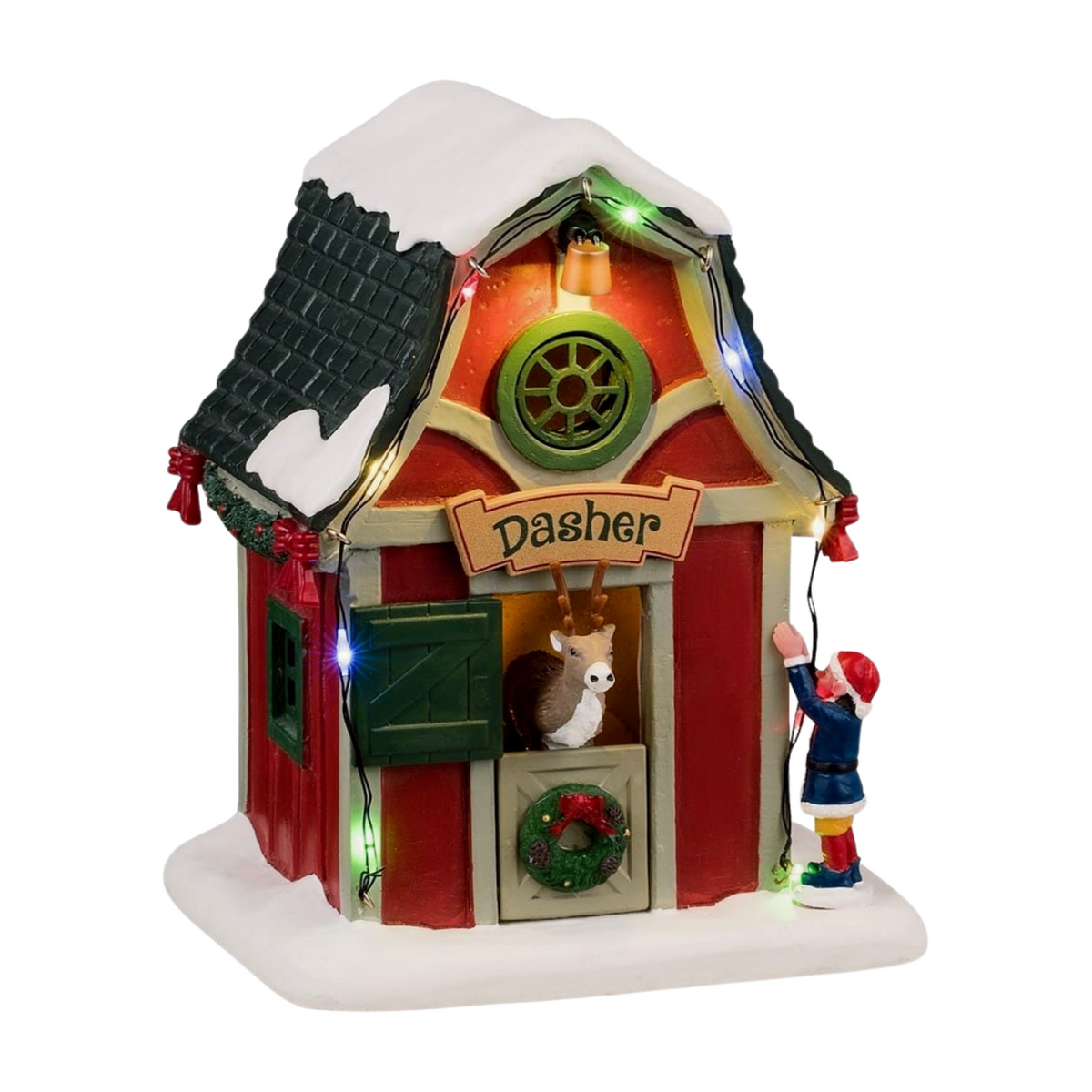 Lemax Dasher's reindeer stable village building with multicoloured lights, reindeer figurine, elf figure, and Christmas wreath