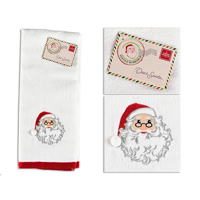 White tea towel with embroidered Santa face and red trim
