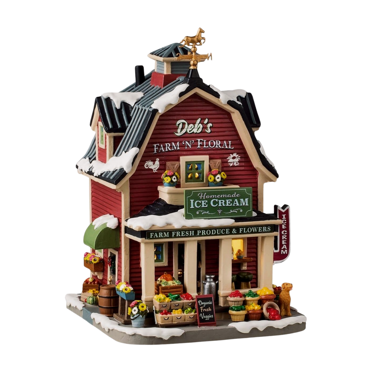 Front of Deb's Farm 'N' Floral village building with produce displays, flower boxes, ice cream sign, and dog figurine