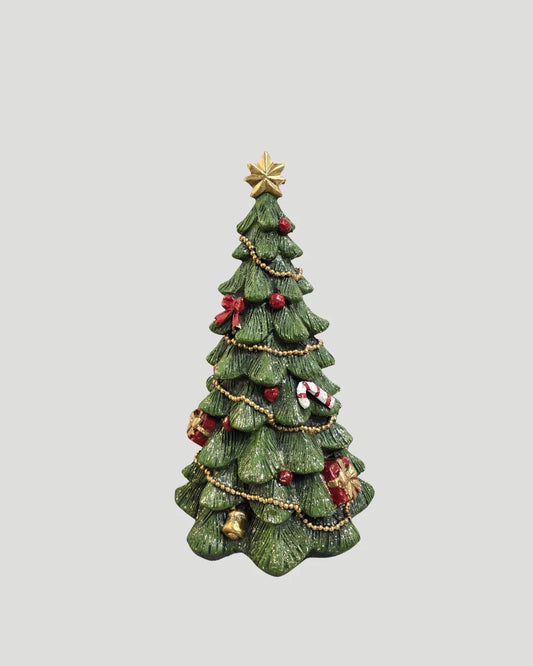 Decorated Christmas tree figure with star topper, styled with festive lights and gift box