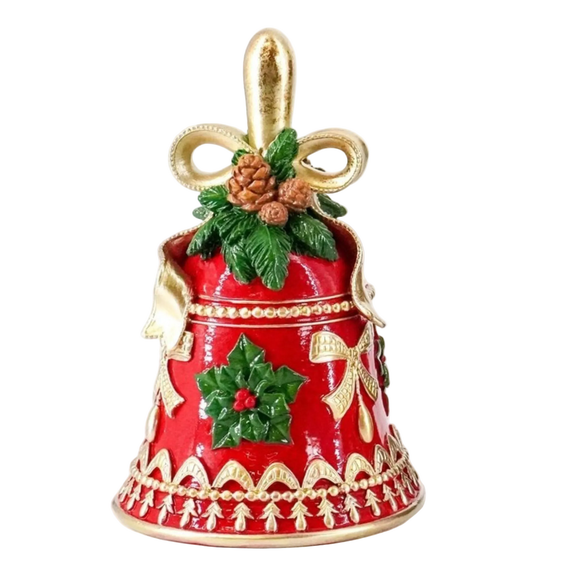 Red and gold Christmas bell ornament with raised holly, berry and bow motifs, pine cone cluster and a gold handle