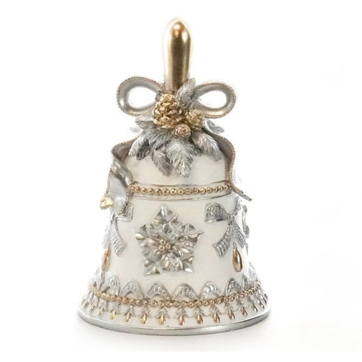 White Christmas bell ornament with raised silver snowflake and bow motifs, gold bead borders and a gold handle