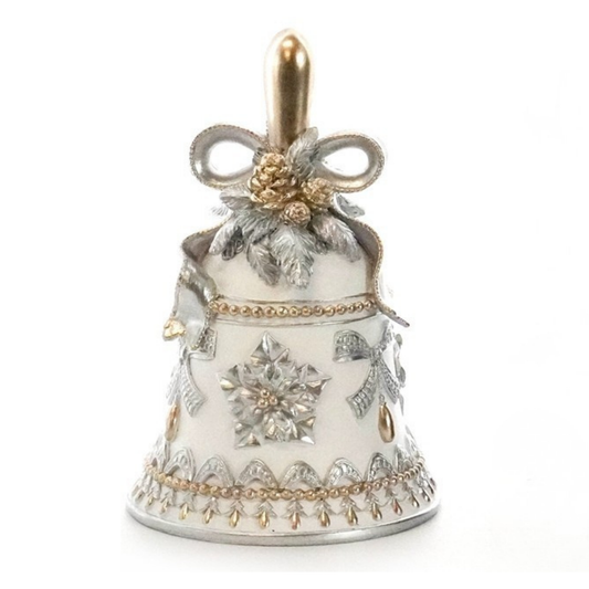 White Christmas bell ornament with raised silver snowflake and bow motifs, gold bead borders and a gold handle