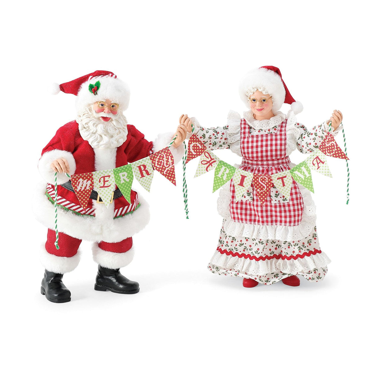 Front view of Santa and Mrs. Claus figurines stretching a "Merry Christmas" pennant banner between them, detailed festive outfits