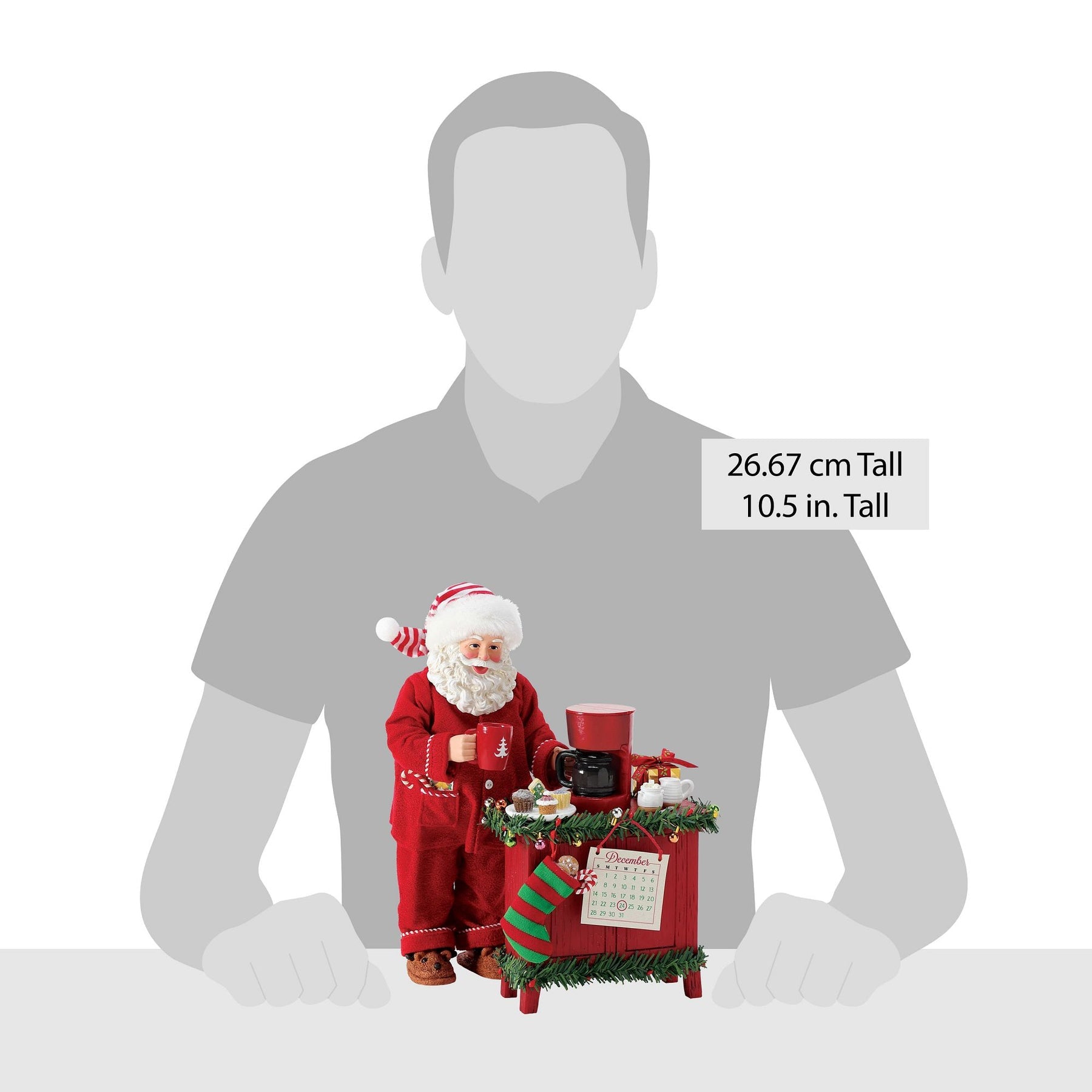 Size reference showing Santa with decorated sideboard figurine beside a human silhouette; piece stands 26.67 cm (10.5 inches) tall 