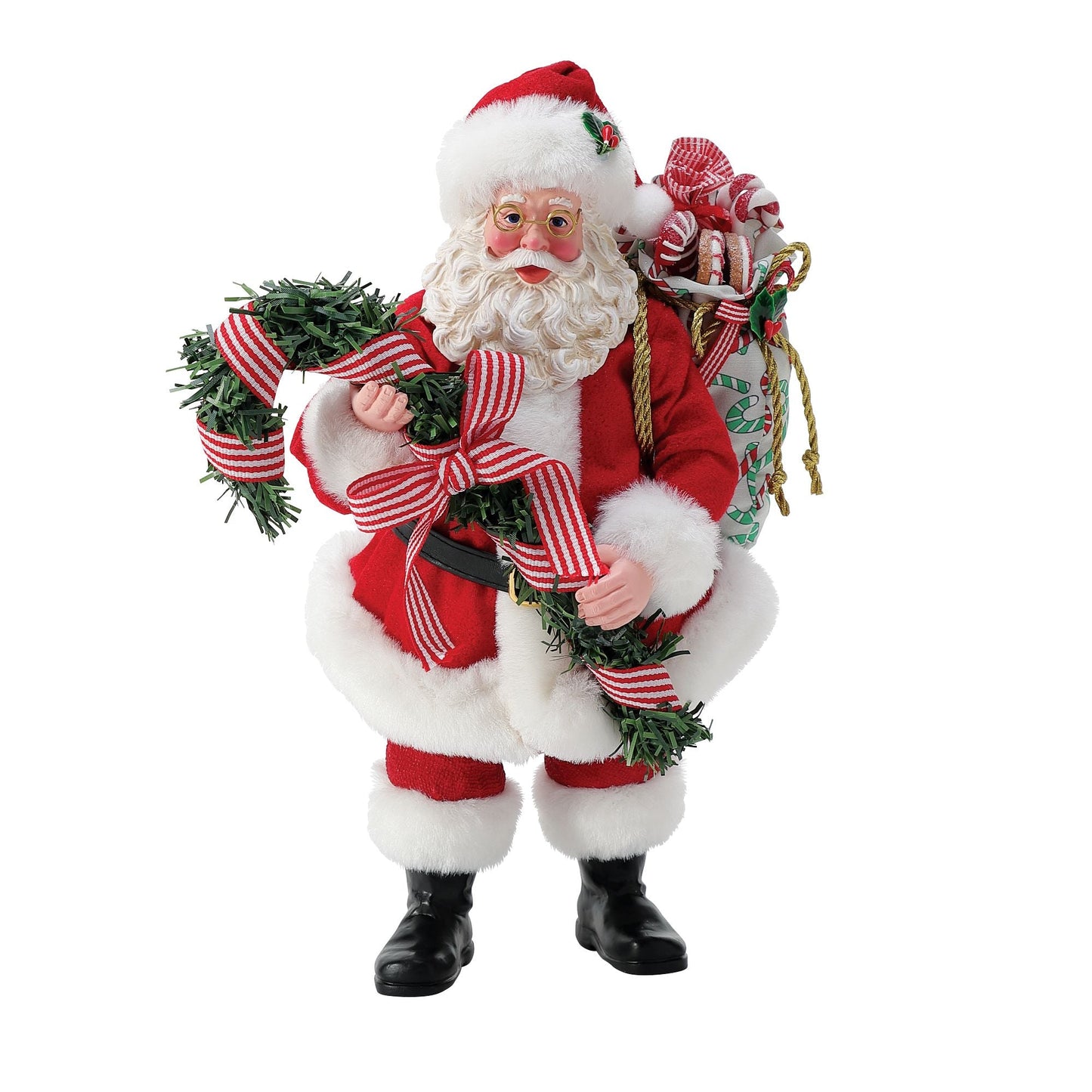 Possible Dreams Santa figure holding a striped ribbon wreath and a candy cane-printed gift sack, with holly-trimmed hat