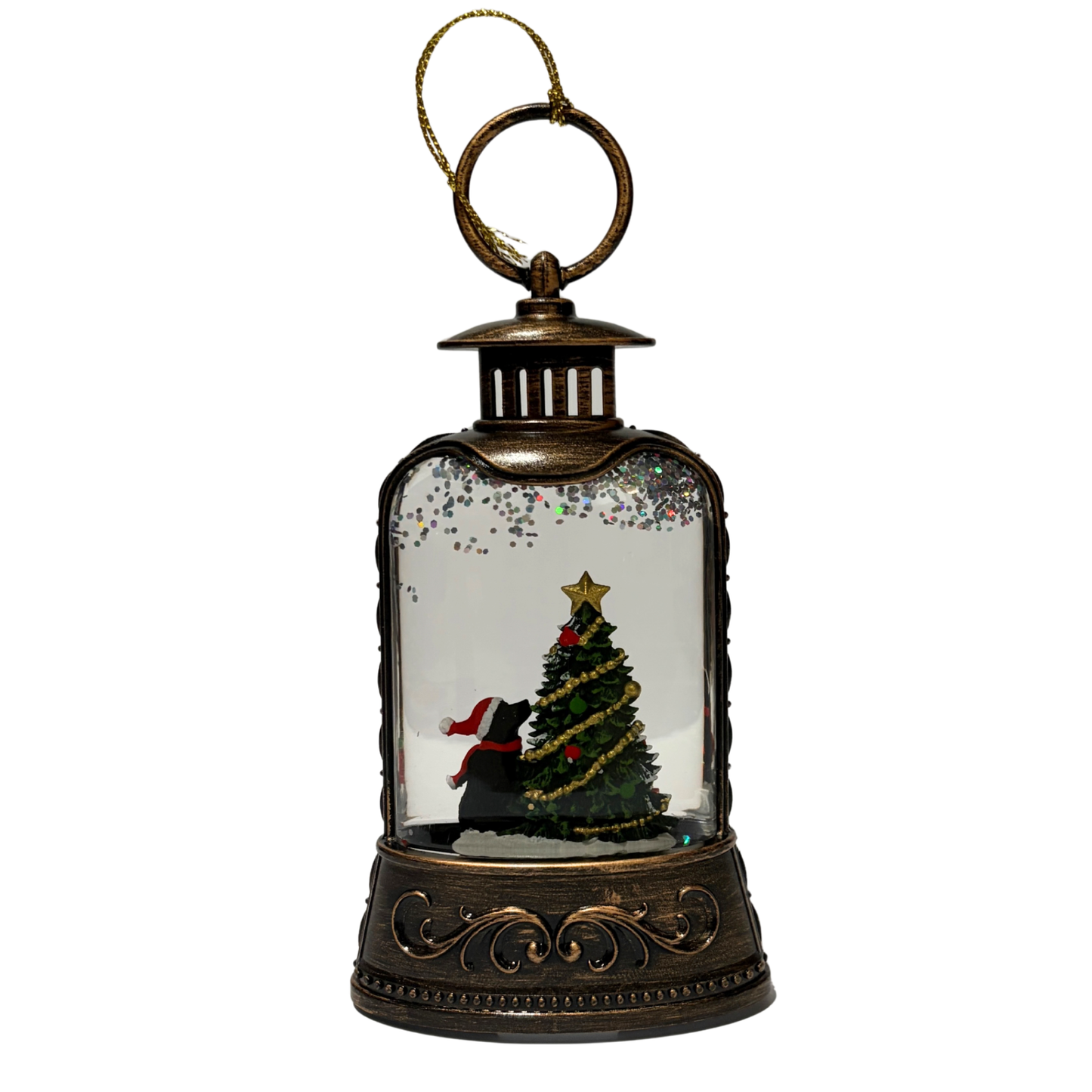 Mini lantern with a dog in a Santa hat looking at a decorated Christmas tree and swirling glitter
