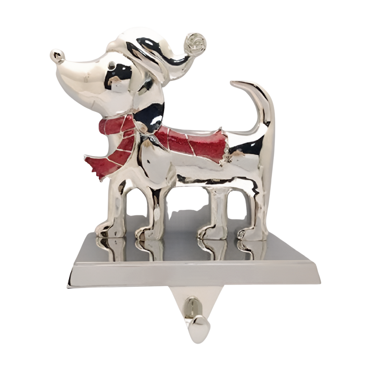 Silver dog stocking hanger wearing a red scarf and Santa hat