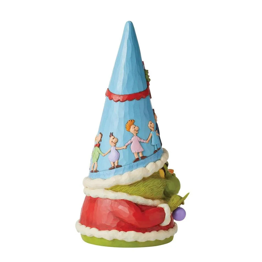 Grinch gnome figurine side view; blue cone hat with Who characters, green figure holding a gift, red and white coat base 
