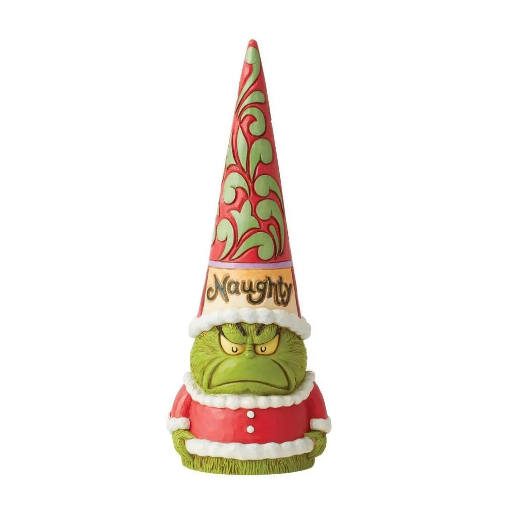 Grinch gnome figurine with a scowling face, red scrollwork cone hat labelled "Naughty," white-trimmed red coat base