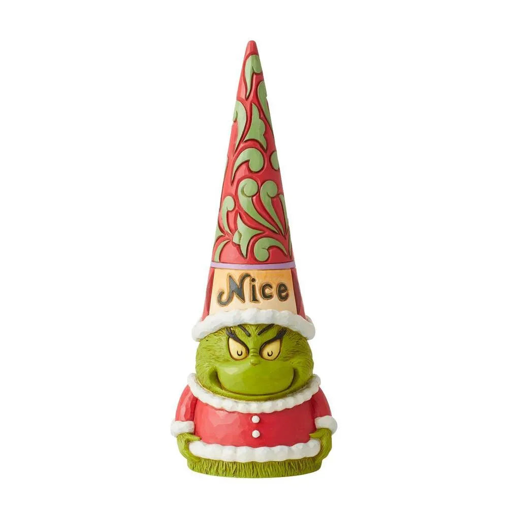 Grinch gnome figurine with a sly smirk, red scrollwork cone hat labelled "Nice," white-trimmed red coat base