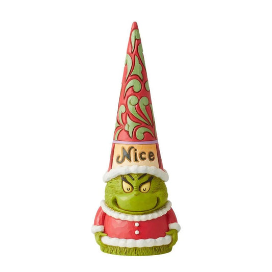 Grinch gnome figurine with a sly smirk, red scrollwork cone hat labelled "Nice," white-trimmed red coat base