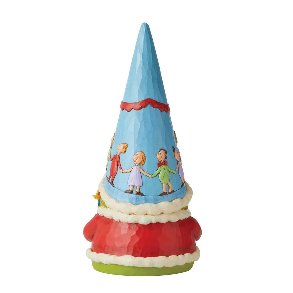Grinch gnome figurine back view; blue cone hat with Who characters holding hands encircling the hat, red and green base 