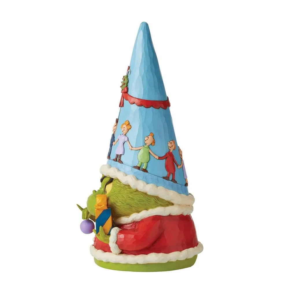 Grinch gnome figurine side view; blue cone hat with Who characters holding hands, red coat base, green figure tucked inside