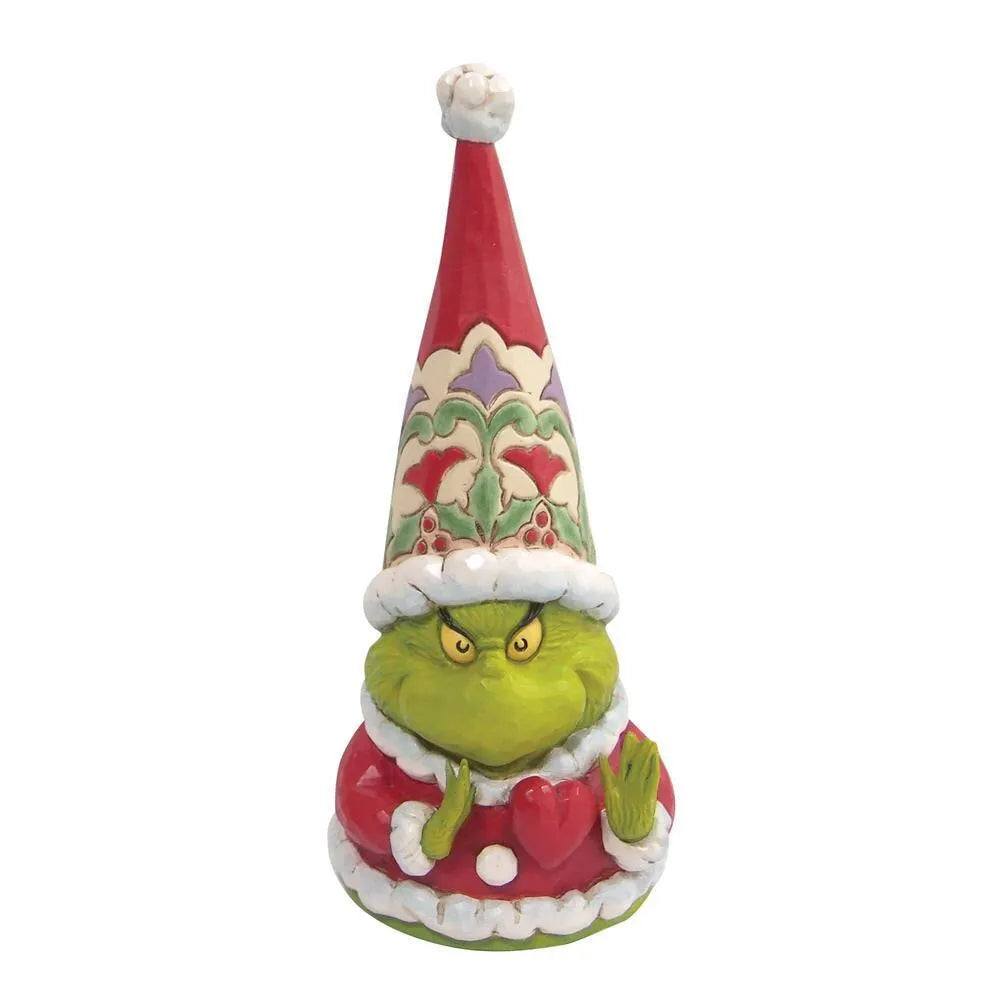 Front view of a Grinch gnome figurine with a scowling expression, holding a small heart, tall patterned Santa hat above