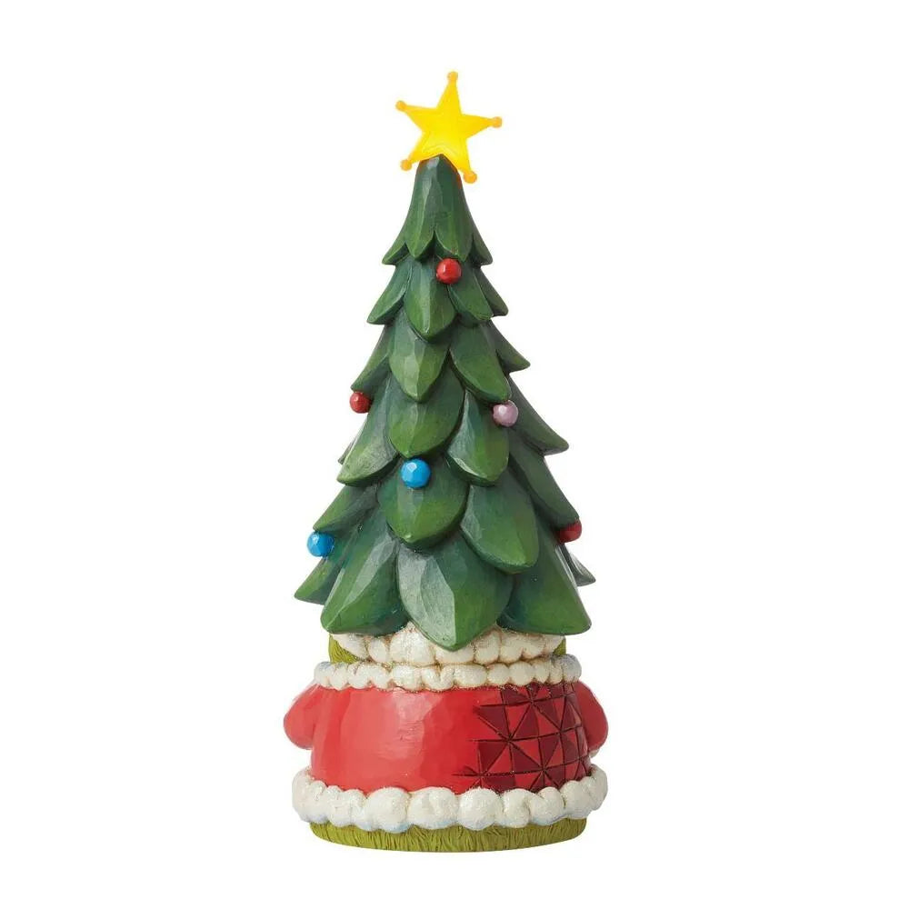 Rear view of Grinch figurine with a decorated Christmas tree hat topped with a gold star, coloured baubles, red diamond-patterned coat