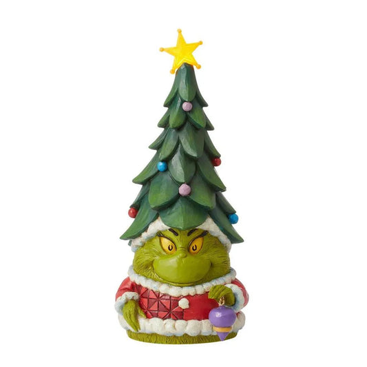 Front view of Grinch figurine wearing a decorated Christmas tree as a hat with star topper, holding a bauble, red coat base