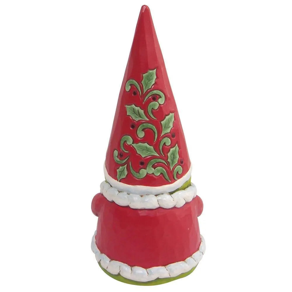 Rear view of a Grinch gnome figurine, tall red pointed hat with holly scrollwork detail, white fur-trimmed red robe
