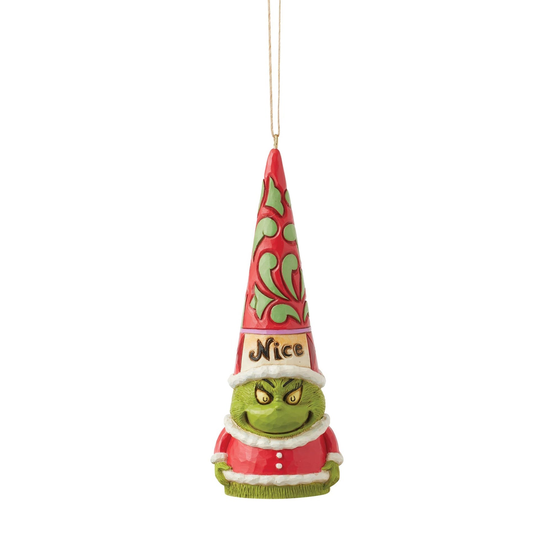 Grinch gnome hanging ornament facing front, "Nice" lettering on hat band, green scroll cone hat, sly expression