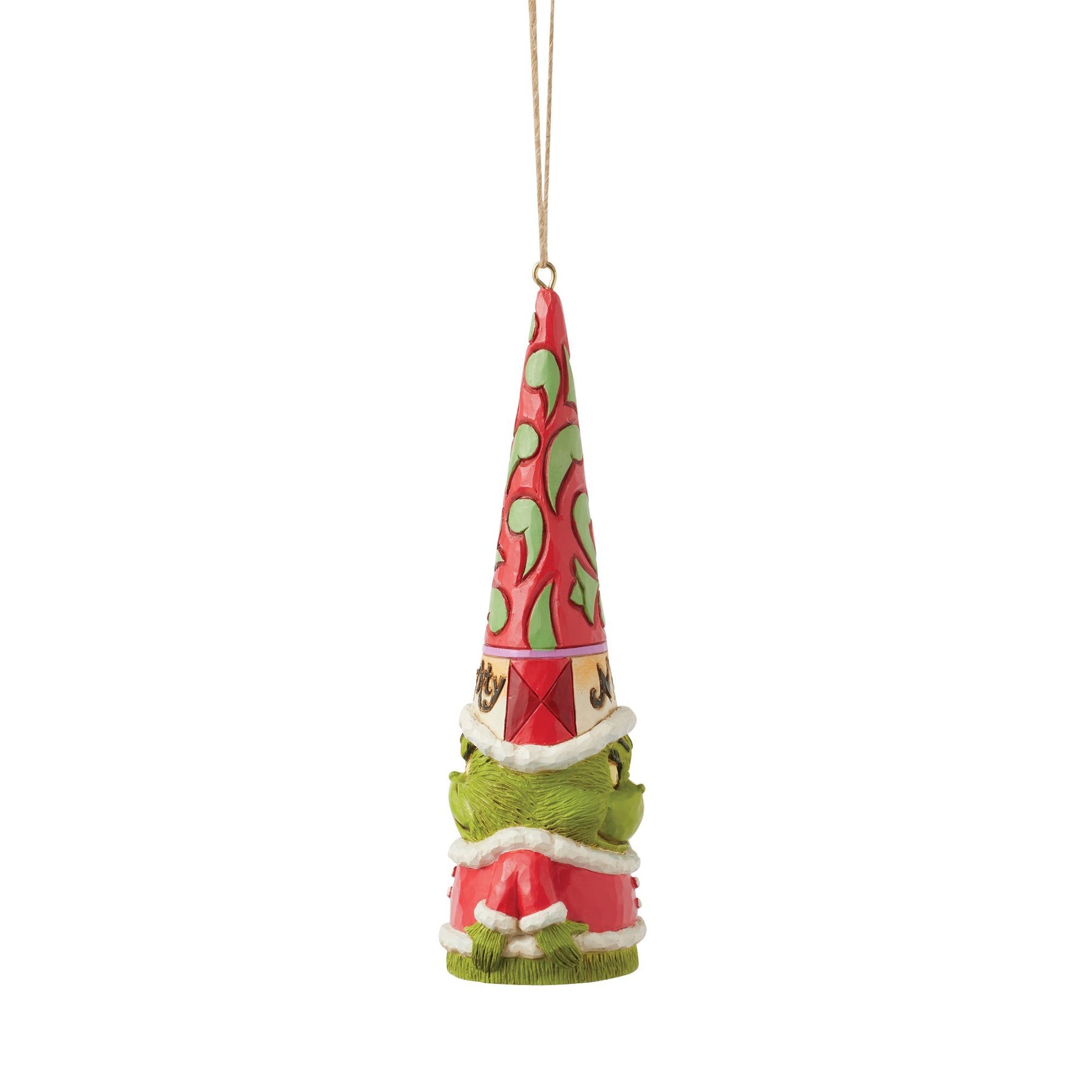 Side profile of Grinch gnome hanging ornament, tall red and green scroll cone hat, red suit, twine hanger