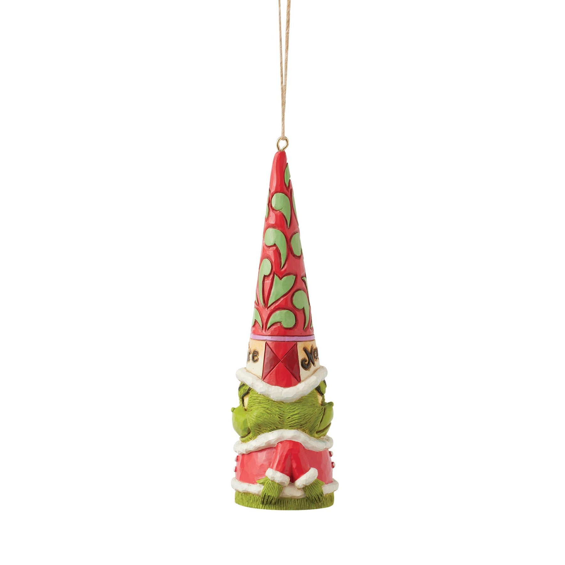 Grinch gnome hanging ornament rear angle, tall red cone hat with green scroll detail, red suit, twine hanger