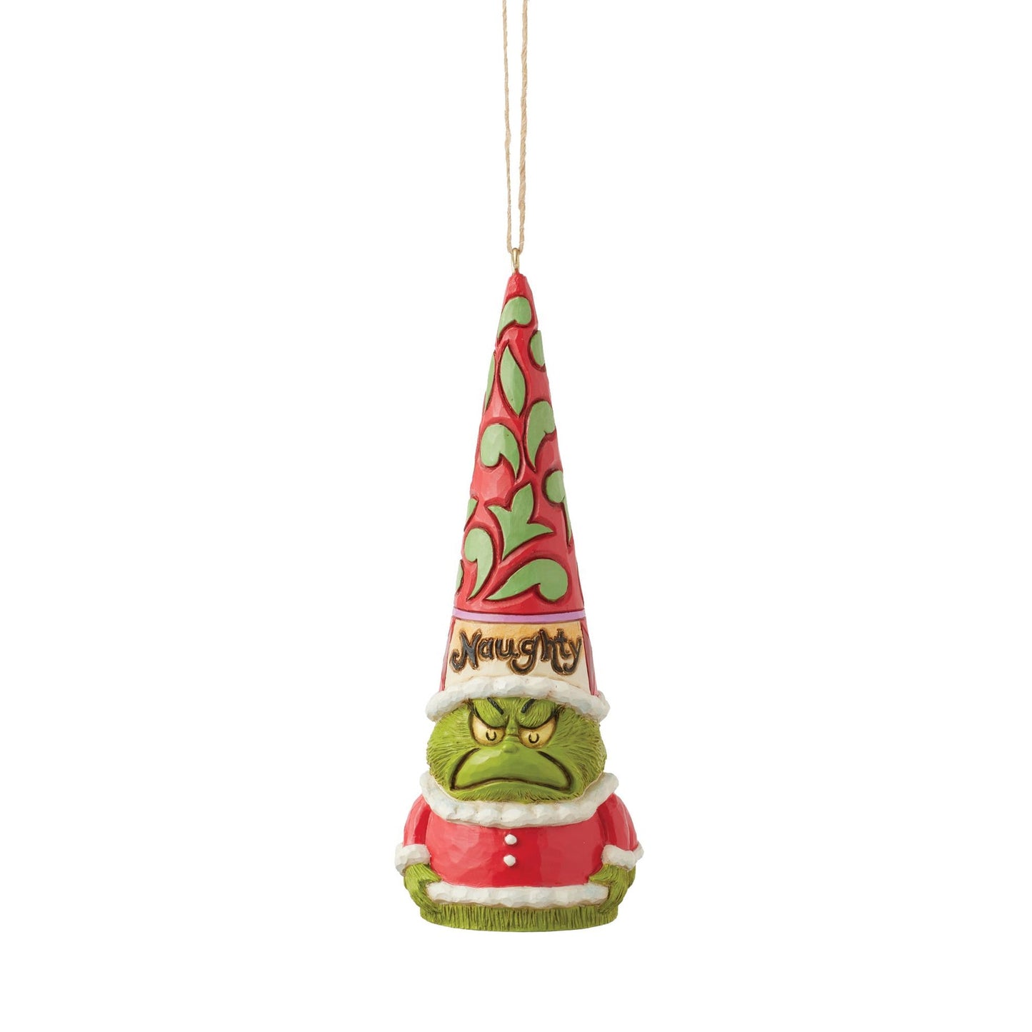 Grinch gnome hanging ornament facing front, scowling expression, "Naughty" lettering on hat band, green scroll cone