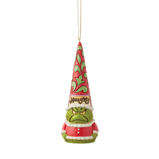 Grinch gnome hanging ornament facing front, scowling expression, "Naughty" lettering on hat band, green scroll cone