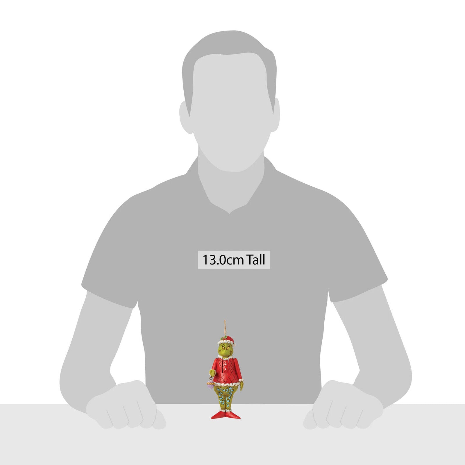 Size reference image showing the Grinch hanging ornament at 13.0cm tall, displayed in front of a human silhouette