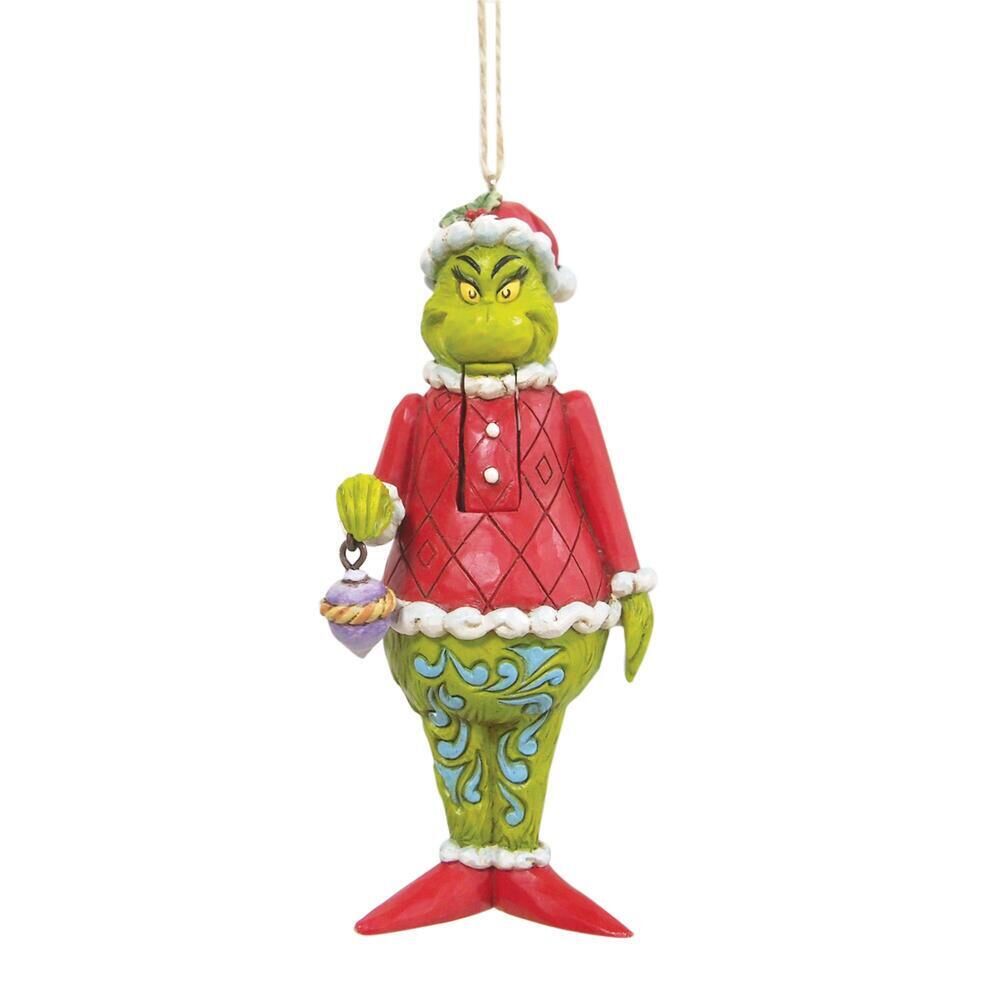 Jim Shore Grinch hanging ornament in a red diamond-pattern jacket, holding a bauble, scrollwork-patterned legs, Santa hat