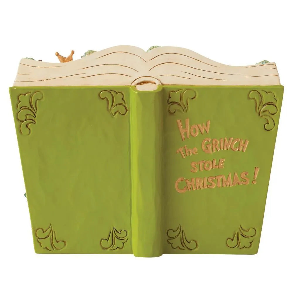 Rear view of a "How the Grinch Stole Christmas" open storybook figurine; green cover with gold scrollwork and title lettering