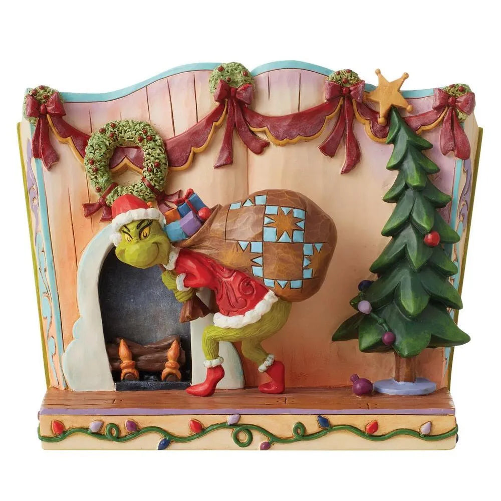 Open storybook figurine; Grinch in Santa suit stealing gifts from a fireplace scene with Christmas tree, wreaths and garland