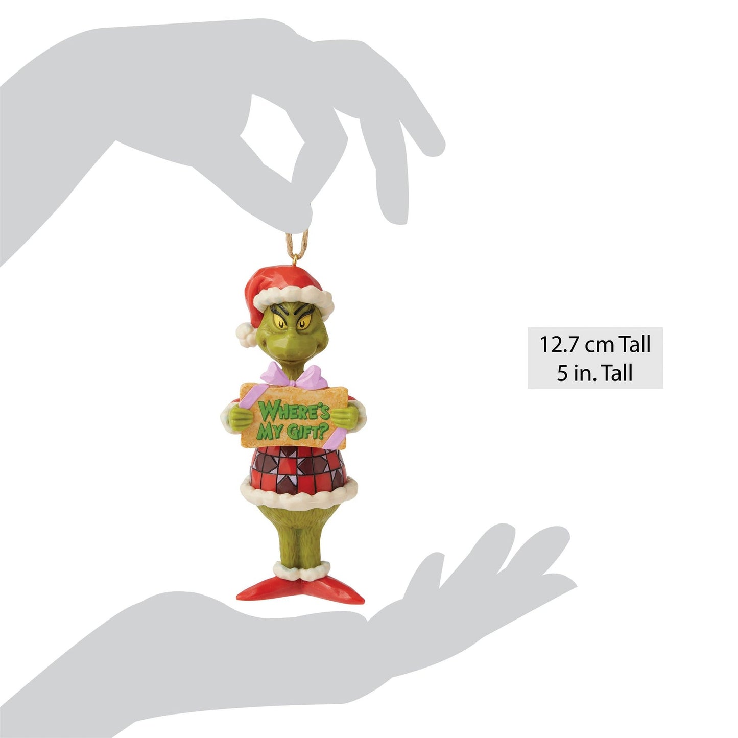 Grinch "Where's My Gift?" hanging ornament shown in silhouette hand for scale, 12.7 cm / 5 inches tall 