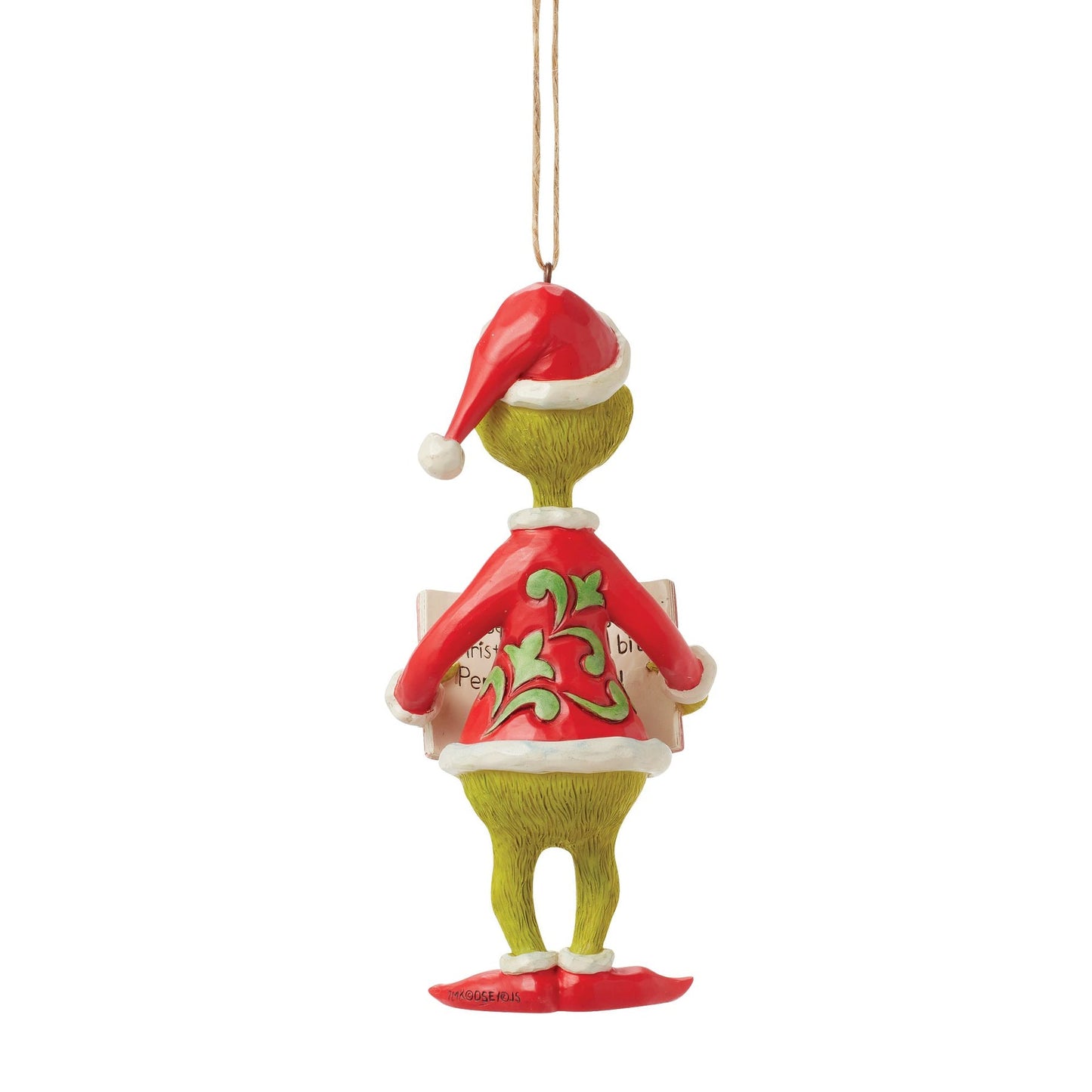 Rear view of Grinch hanging ornament, red Santa suit with green scroll detail, holding book, twine hanger 